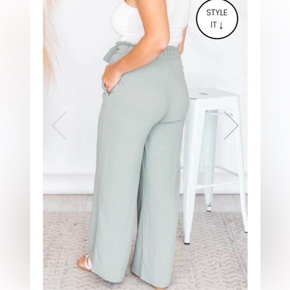 Pink Lily Epiphany Moment Sage Green Paper Bag Wide Leg Trouser Pants Size Small - Picture 4 of 11